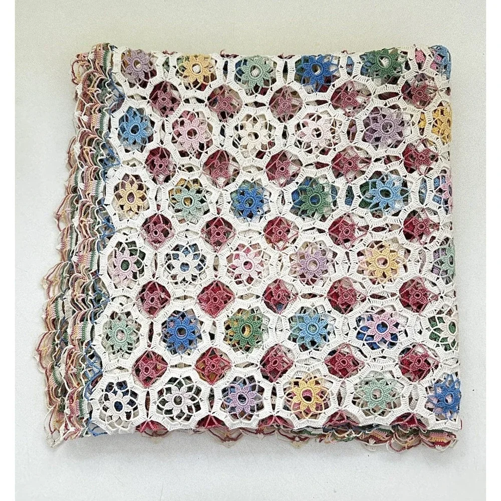 VTG Hand Crocheted Floral Heirloom Tablecloth Colorful & Ecru 60x60